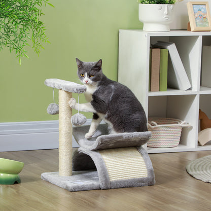 PawHut Cat Tree, Cat Tower for Kittens, Small Cat Condo with Rotatable Top Bar, Sisal Scratching Post, Tunnel, Dangling Balls - Grey 