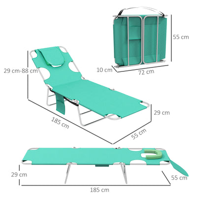Outsunny Foldable Sun Lounger Set of 2 with Reading Hole, Portable Sun Lounger with 5 Level Adjustable Backrest, Reclining Lounge Chair with Side Pocket, Headrest Pillow, Green 
