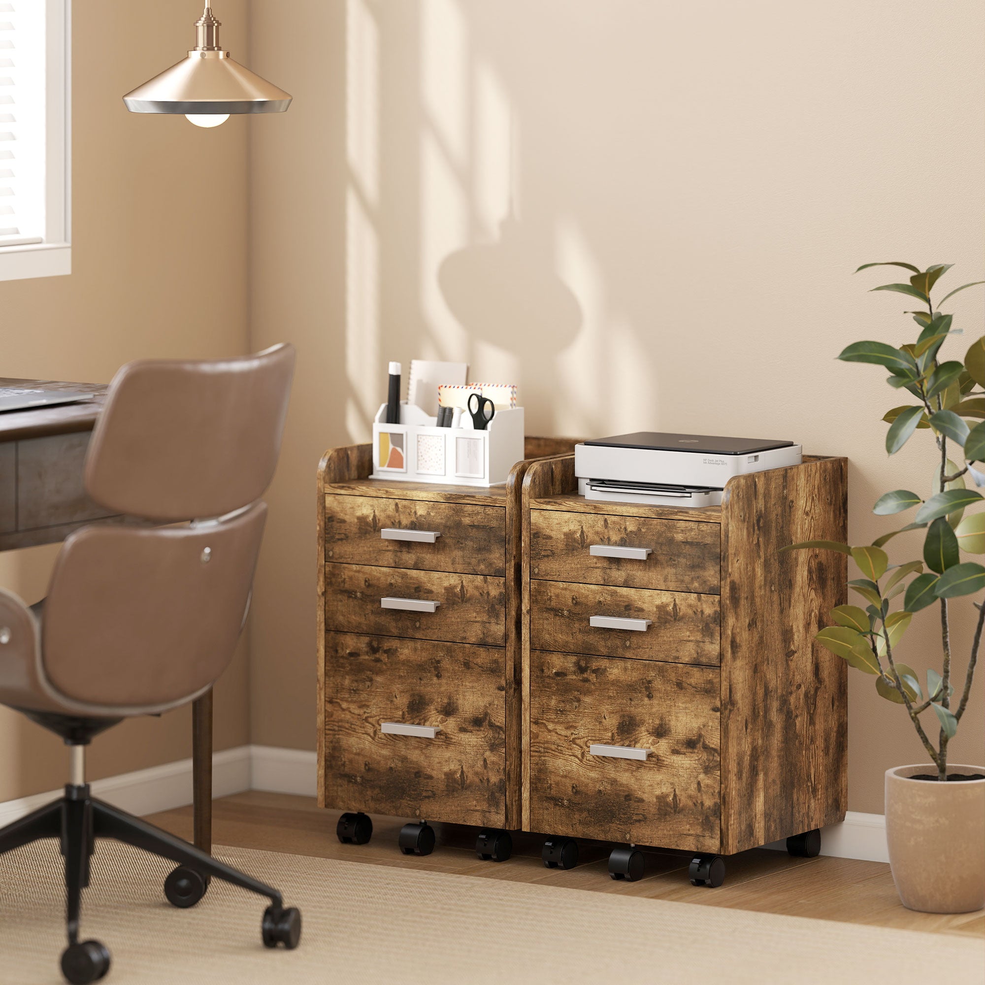 HOMCOM 3 Drawer Filing Cabinet, Rolling File Cabinet with Edged Top for Letter, A4 Size, Hanging File Folders, Rustic Brown 