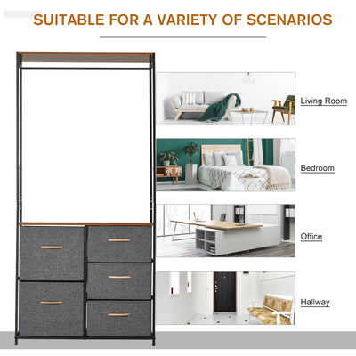 HOMCOM Chest of Drawers with Coat rack Steel Frame 5 Drawers  Bedroom Hallway Home Furniture Black Brown 