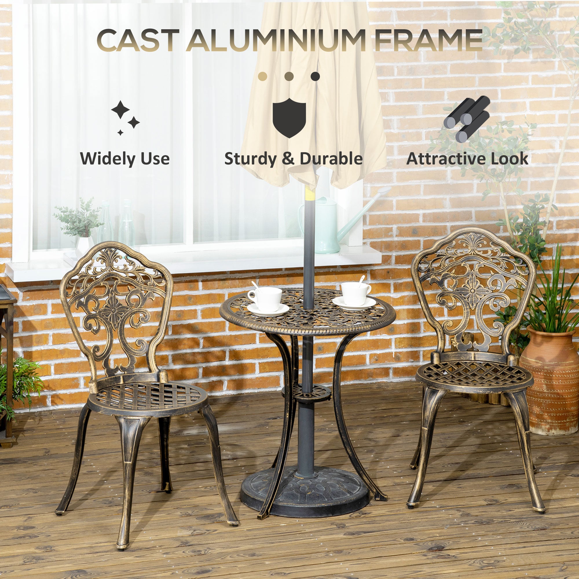 Outsunny 3 Piece Cast Aluminium Garden Bistro Set for 2 with Parasol Hole, Outdoor Coffee Table Set, Two Armless Chairs and Round Coffee Table for Balcony, Patio, Bronze 