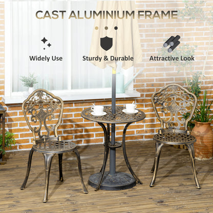Outsunny 3 Piece Cast Aluminium Garden Bistro Set for 2 with Parasol Hole, Outdoor Coffee Table Set, Two Armless Chairs and Round Coffee Table for Balcony, Patio, Bronze 