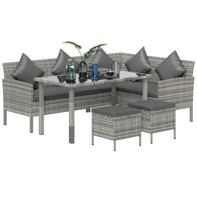 Outsunny tsunny 6-Seater Rattan Dining Set Sofa Table Footstool Outdoor w/ Cushion Garden Furniture, Dark Grey 