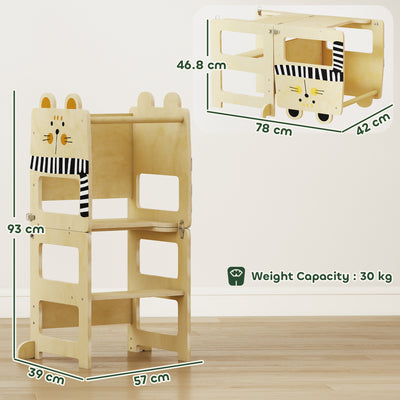 AIYAPLAY Toddler Step Stool, Standing Tower with Chalkboard, 3-in-1 Cat-Shaped Step Stool for Kitchen Counter, Natural 