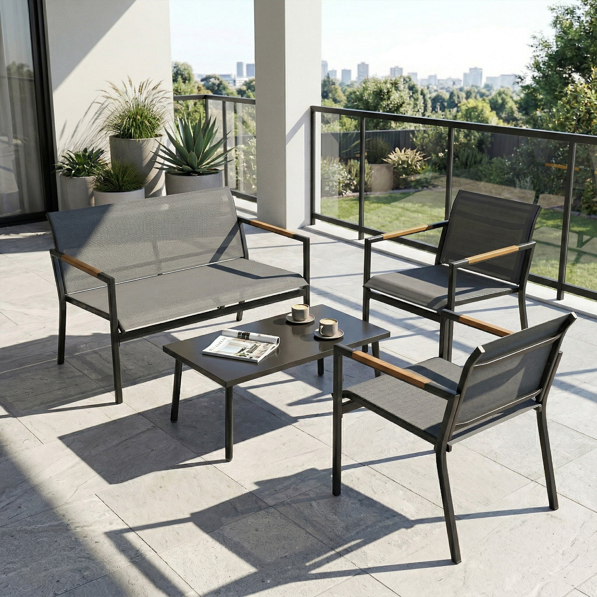 Outsunny 4 Seater Garden Furniture Set with Loveseat, Armchairs, Table, Metal Garden Sofa Set with Breathable Seats, Grey 