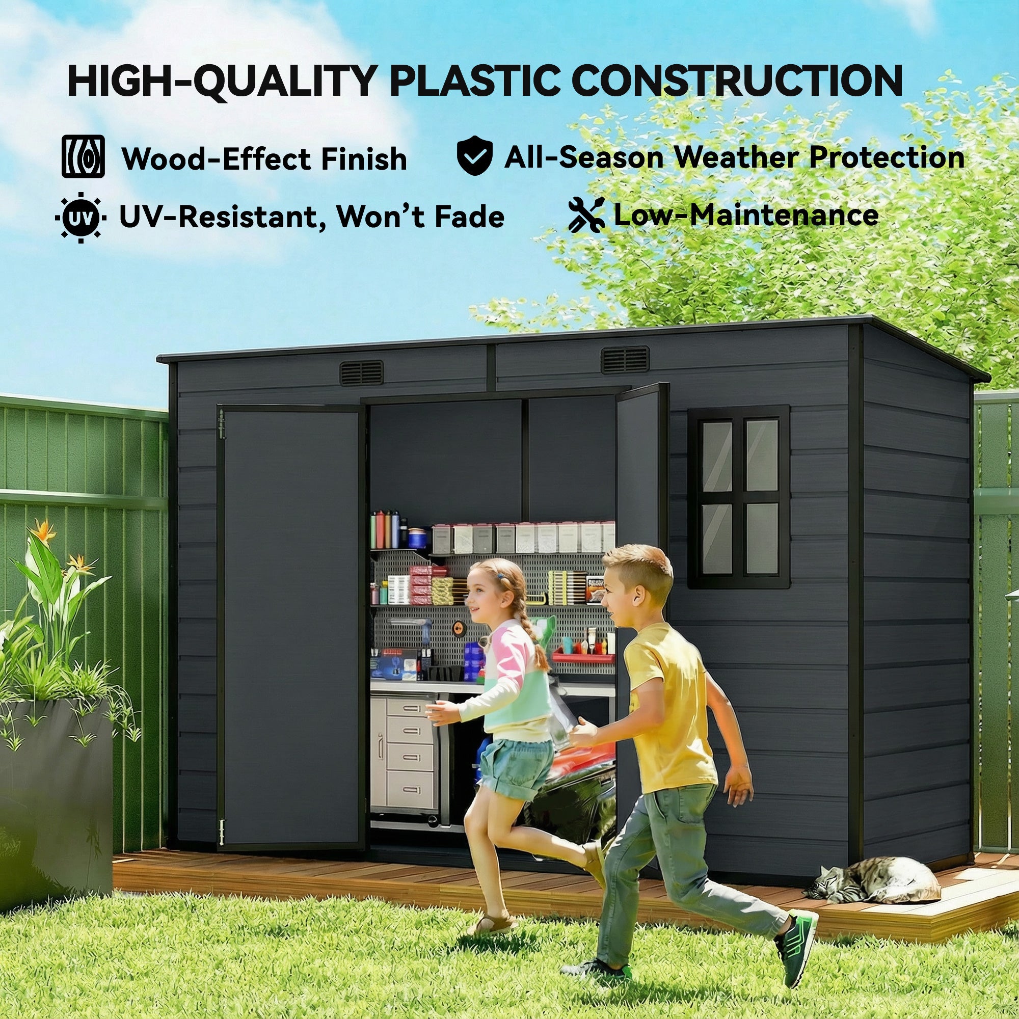 Outsunny 10 x 4 ft Resin Garden Shed, Outdoor Storage Shed with Floor, Windows, Lockable Doors and Vents, Dark Grey 