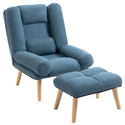 HOMCOM Armchair with Footstool, 180\'c2\'b0 Recliner with Ottoman, Accent Chair and Footstool with 3-Position Adjustable Backrest and Wooden Legs for Living Room, Blue 