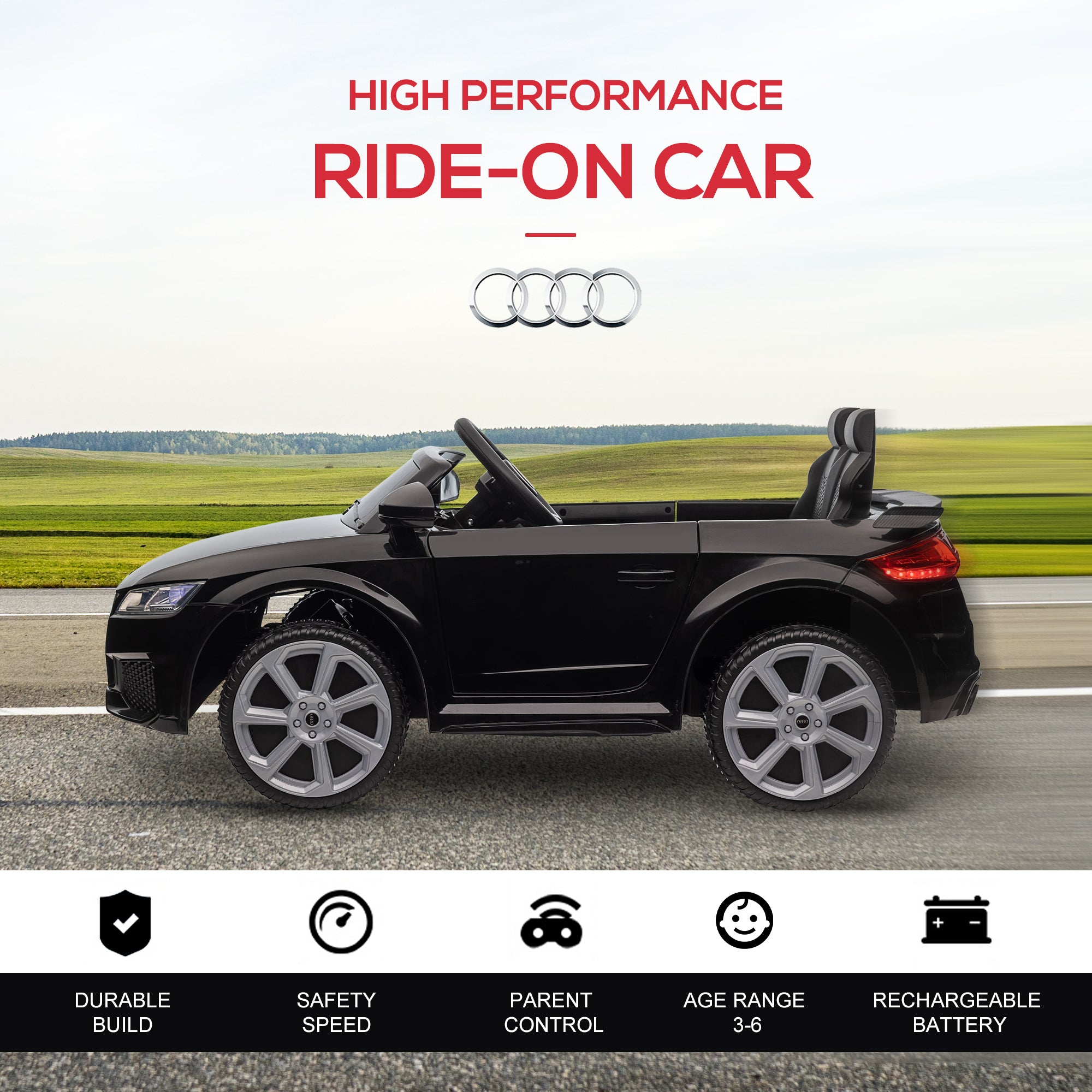 HOMCOM Kids Licensed Audi TT Ride-On Car 12V Battery w/ Remote Suspension Headlights and MP3 Player 2.5-5km/h Black 