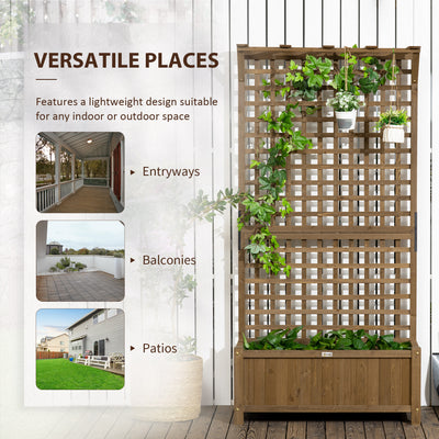 Outsunny Raised Bed with Drainage Holes, Wood Planter with Trellis for Climbing Plants to Grow Vegetables, Flowers, Brown 