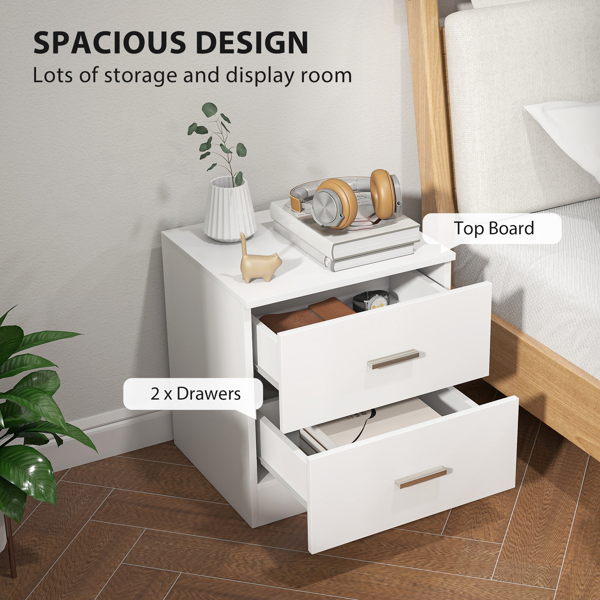 HOMCOM Set of 2 Modern Nightstands, Bedside Tables with 2 Storage Drawers, Accent End Table for Bedroom and Living Room, White 