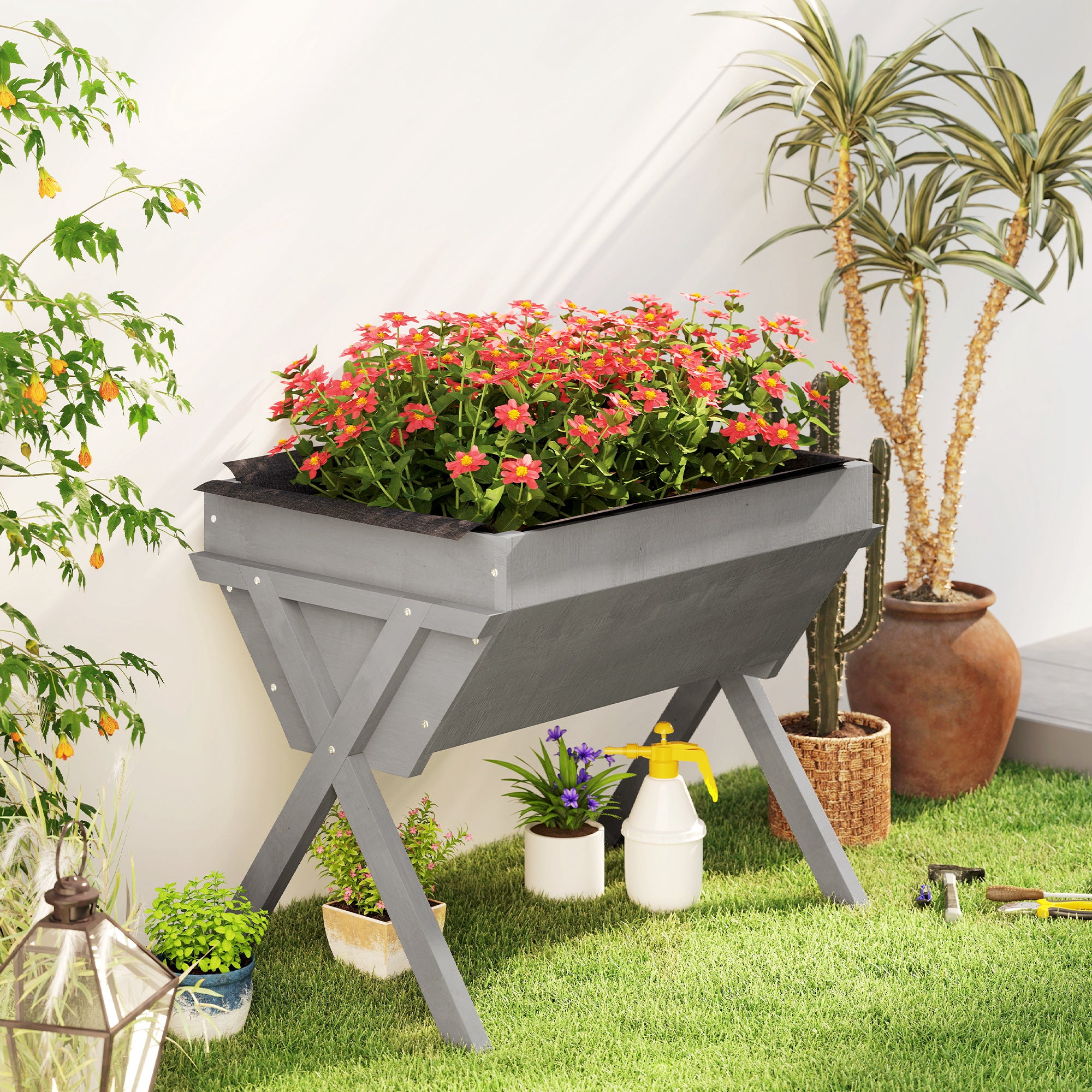 Outsunny Wooden Raised Garden Bed with Bed Liner, Elevated Planter Box with Legs, Light Grey 