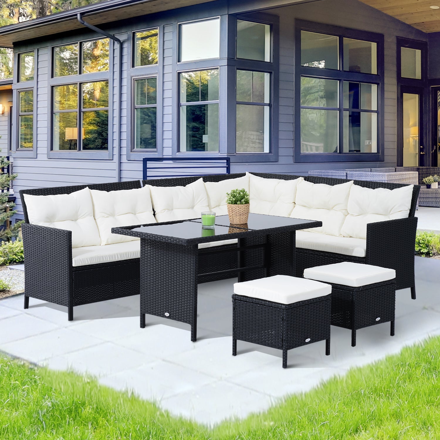 Outsunny 8-Seater Garden Rattan Furniture Rattan Corner Dining Sofa Set Wicker Conservatory Furniture Lawn Patio Coffee Table Foot Stool w/Cushion-Black 