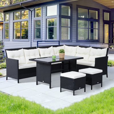 Outsunny 8-Seater Garden Rattan Furniture Rattan Corner Dining Sofa Set Wicker Conservatory Furniture Lawn Patio Coffee Table Foot Stool w/Cushion-Black 