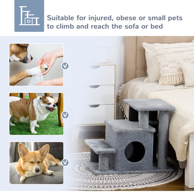 PawHut Adjustable Cat Steps, with House & Hanging Toy Ball - Grey 