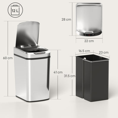 HOMCOM 12L Sensor Bin, Automatic Touchless Motion Sensor Kitchen Bin with Fingerprint Resistant Stainless Steel, Silver 