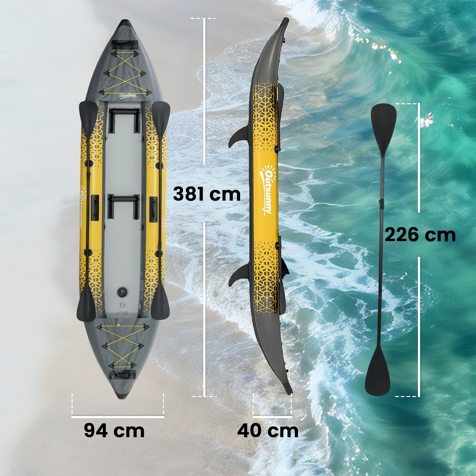 Outsunny 12.5' Inflatable Kayak Set, 2-person Sit on Canoe with Aluminium Oars, Grey and Yellow 