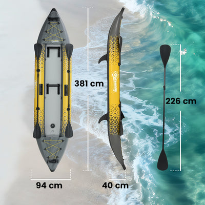 Outsunny 12.5' Inflatable Kayak Set, 2-person Sit on Canoe with Aluminium Oars, Grey and Yellow 