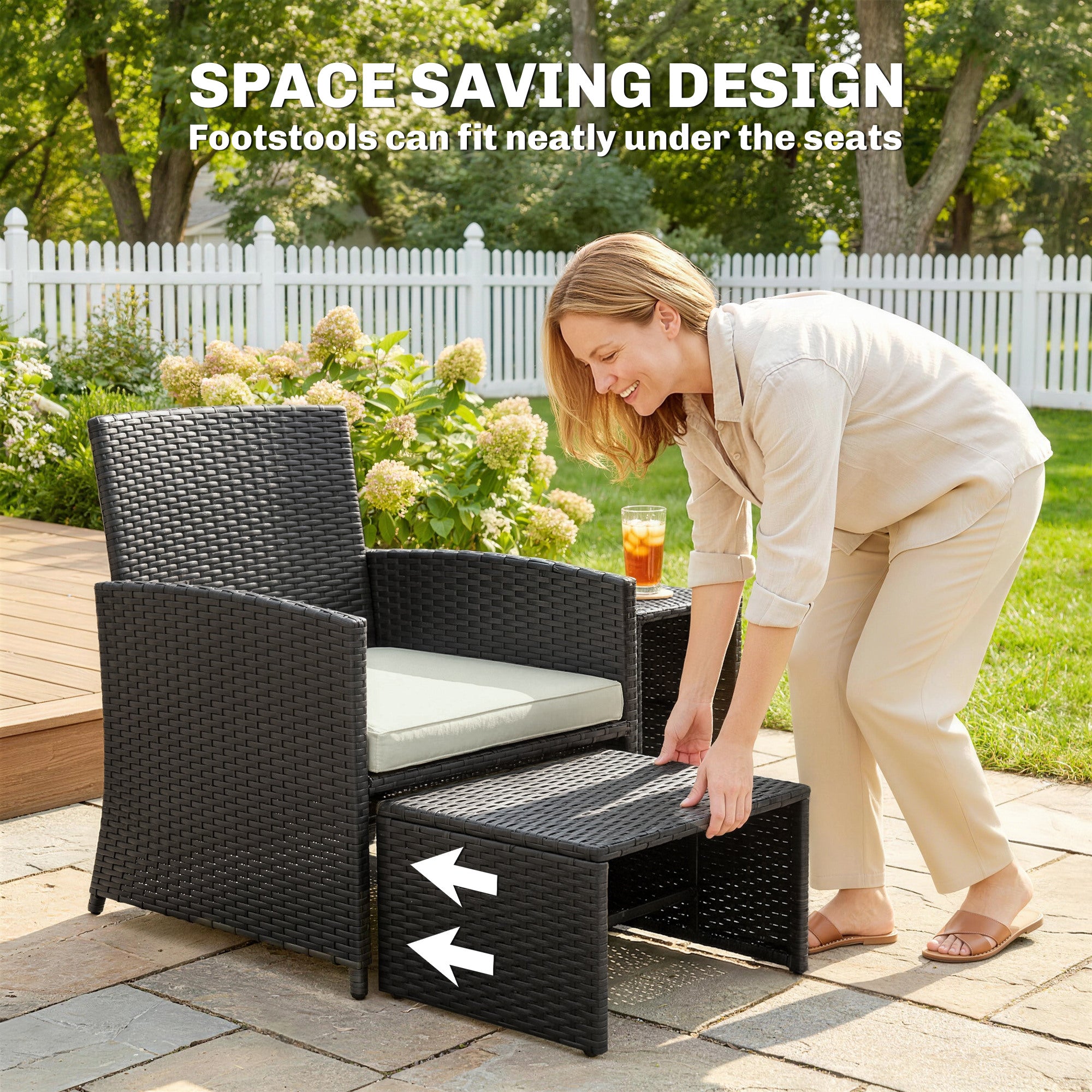 Outsunny 6 Piece Rattan Garden Furniture, Space-Saving Patio Furniture Set with Nesting Tables, Chairs, Stools, Cushions, Black 