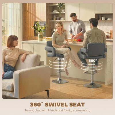 HOMCOM Bar Stools Adjustable Swivel Kitchen Chairs with Backrest Armrest Set of 2 PU Leather Grey 