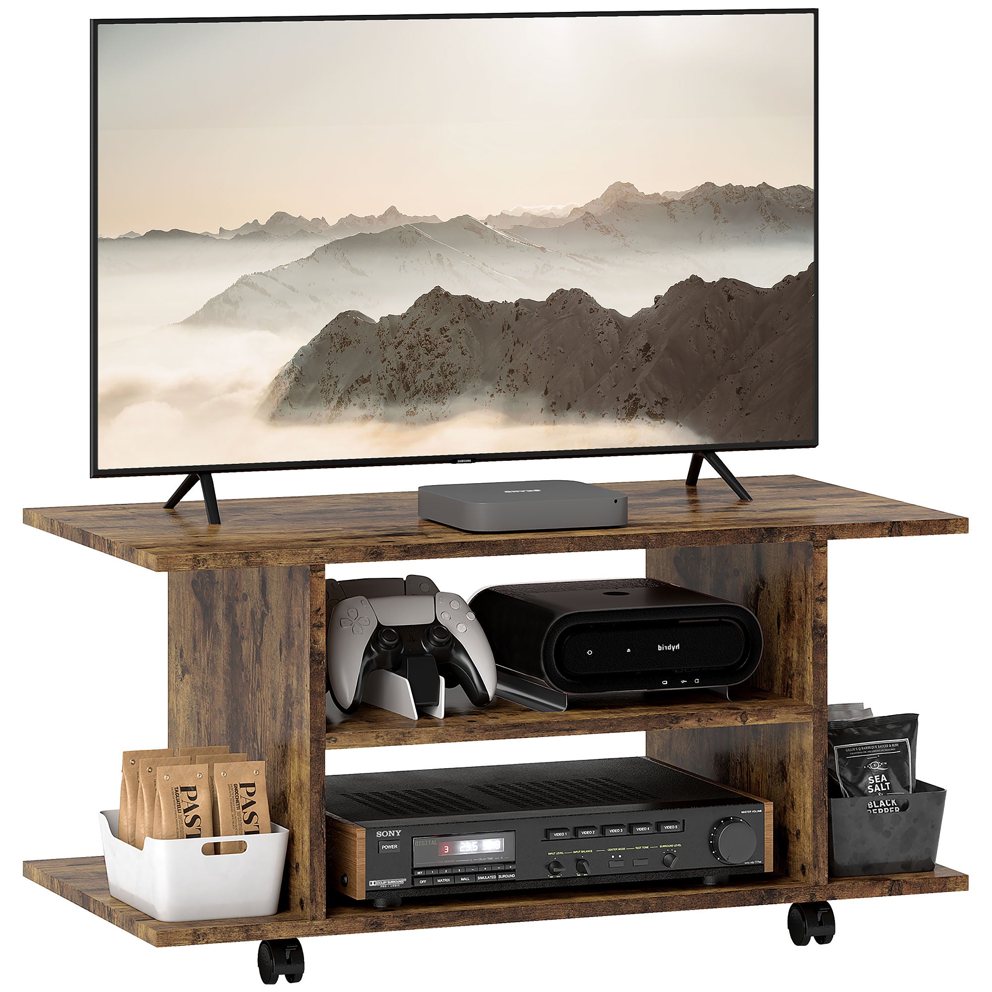 HOMCOM Modern TV Cabinet Stand Storage Shelves Table Mobile Bedroom Furniture Bookshelf Bookcase Rustic Brown 