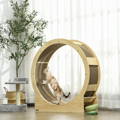 PawHut Cat Wheel with Brake, Scratching Pads - Oak Tone 