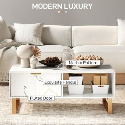 HOMCOM Elegant Marble Effect Storage Coffee Table - White 