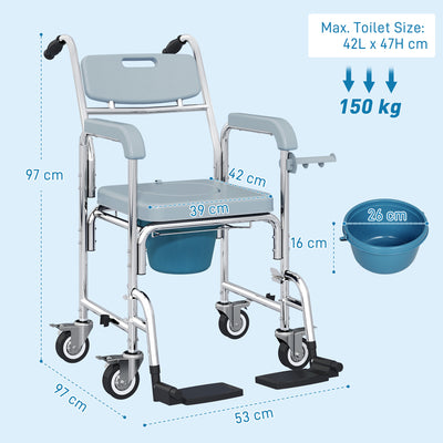 HOMCOM Rolling Shower Wheelchair for Seniors, Bedside Commode Chair with Locking Wheels, Seat, Backrest, Arms, Grey 
