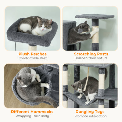 PawHut 202cm Large Cat Tree with 6 Scratching Posts, 2 Hammocks, 2 Condos, 2 Perches, Pompoms, for Indoor Cats to Rest and Play 