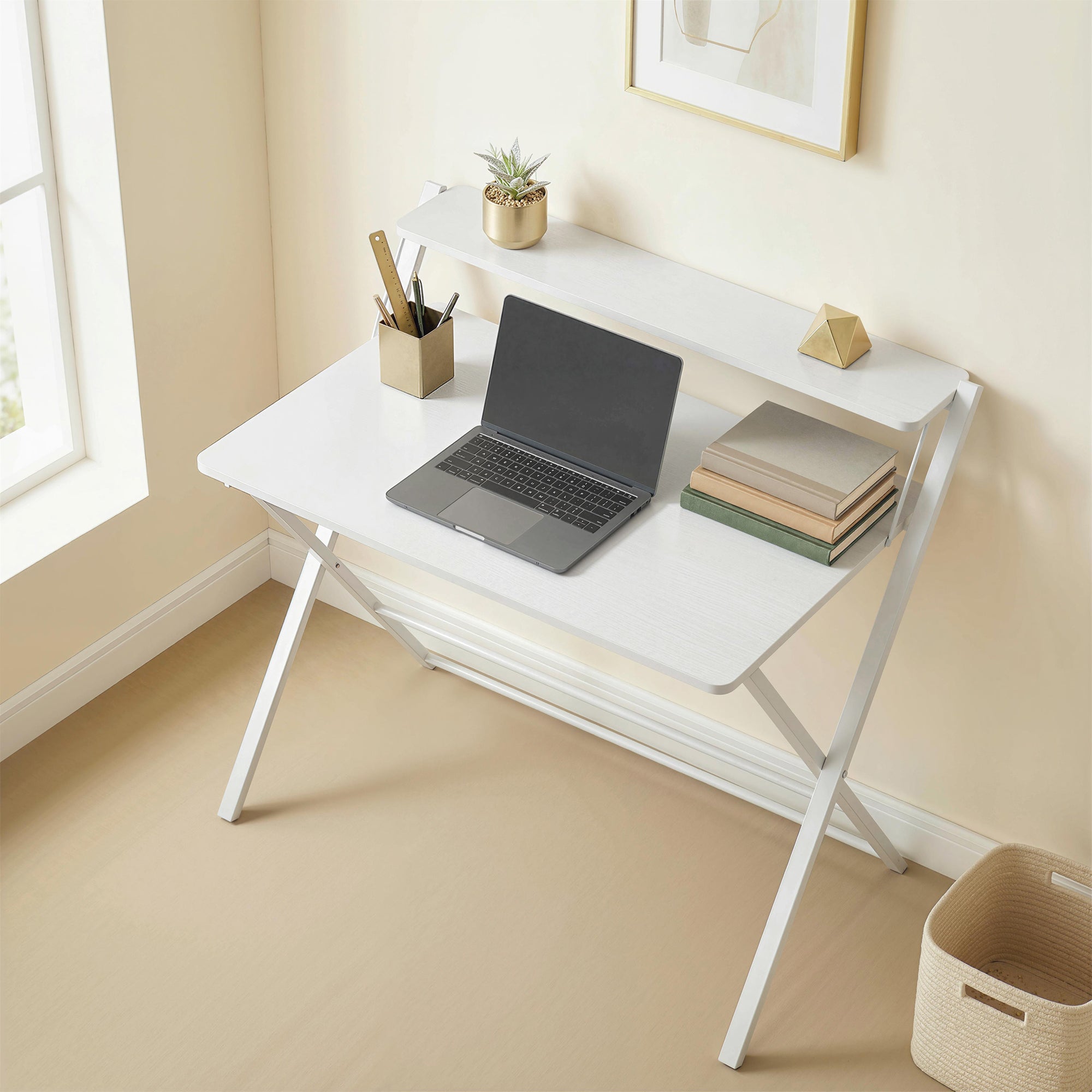 HOMCOM Compact Folding Desk for Small Spaces with Storage Shelf for Home Office, White 