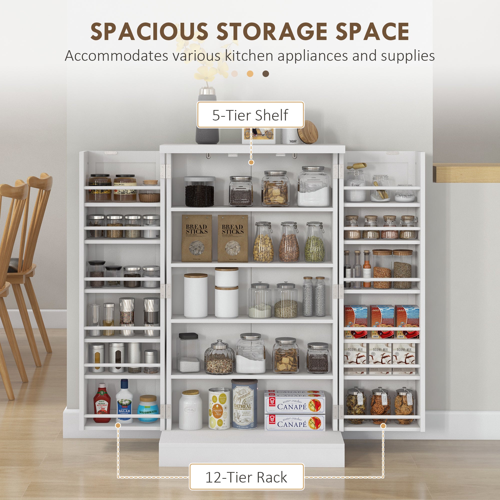 HOMCOM Freestanding Multi-Storage Kitchen Cupboard with Adjustable Shelves White