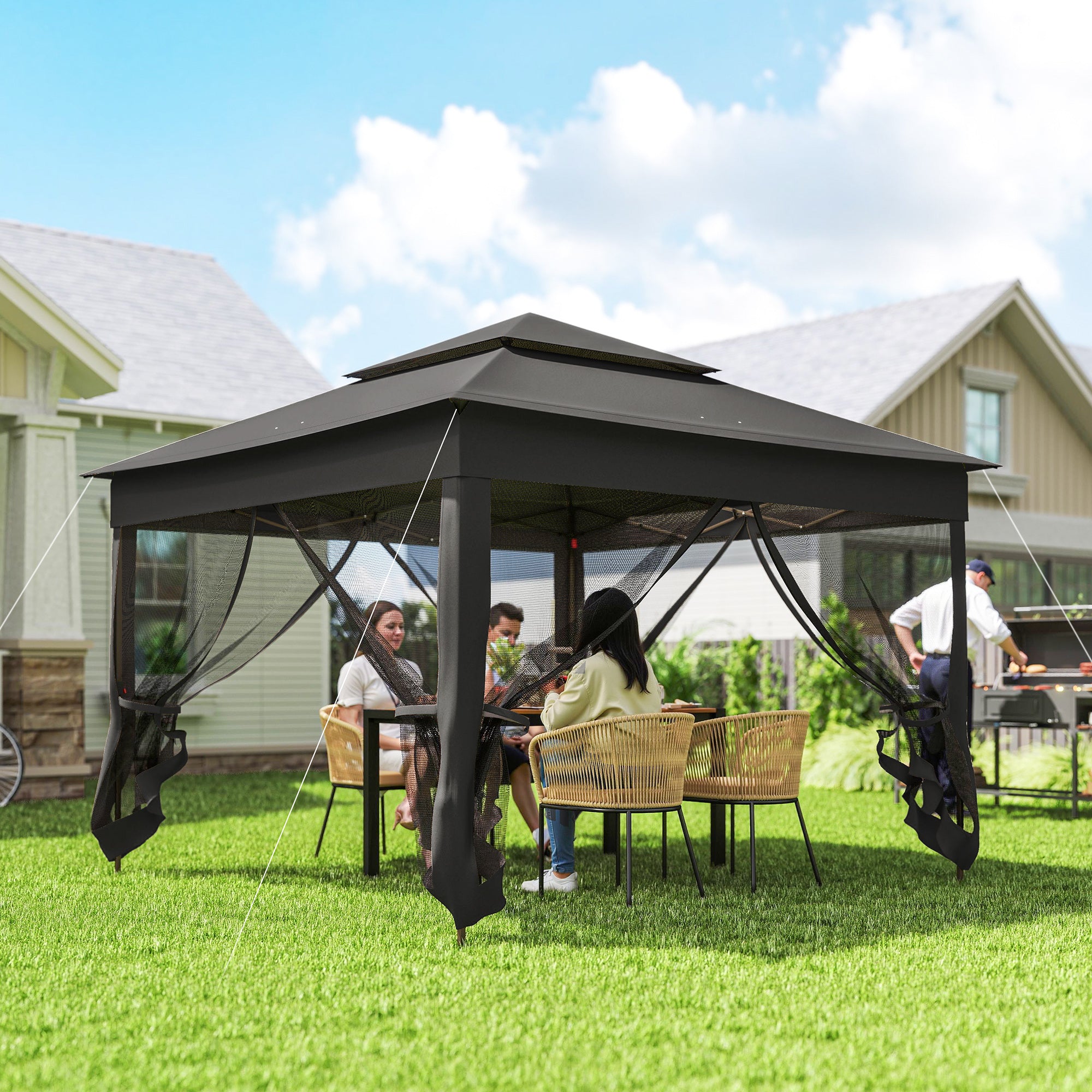 Outsunny 3 x 3(m) Pop Up Gazebo, Double-roof Garden Tent with Netting and Carry Bag, Party Event Shelter, Black 