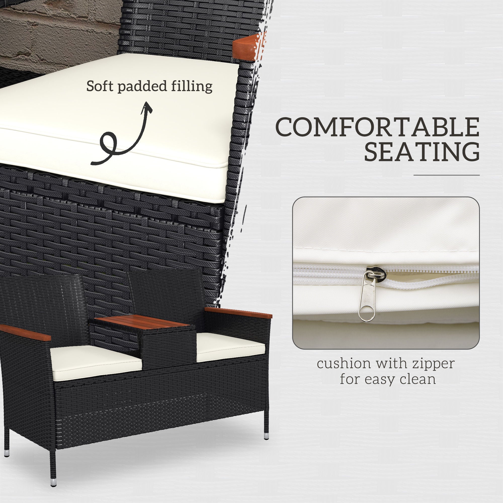 Outsunny Two-Seat Rattan Loveseat, with Wood-Top Middle Table - Black 