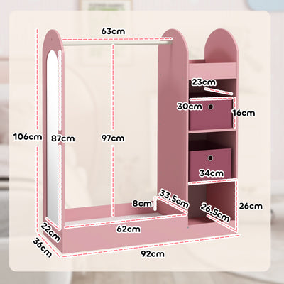 AIYAPLAY Kids Clothes Rail with Storage Shelf, Boxes, Mirror for Bedroom, Nursery, Pink 