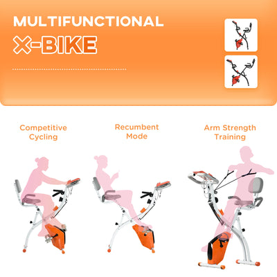 HOMCOM 2-in-1 Folding Exercise Bike with 8-Level Magnetic Resistance, Arm Resistance Band, Pulse Sensor, Orange 