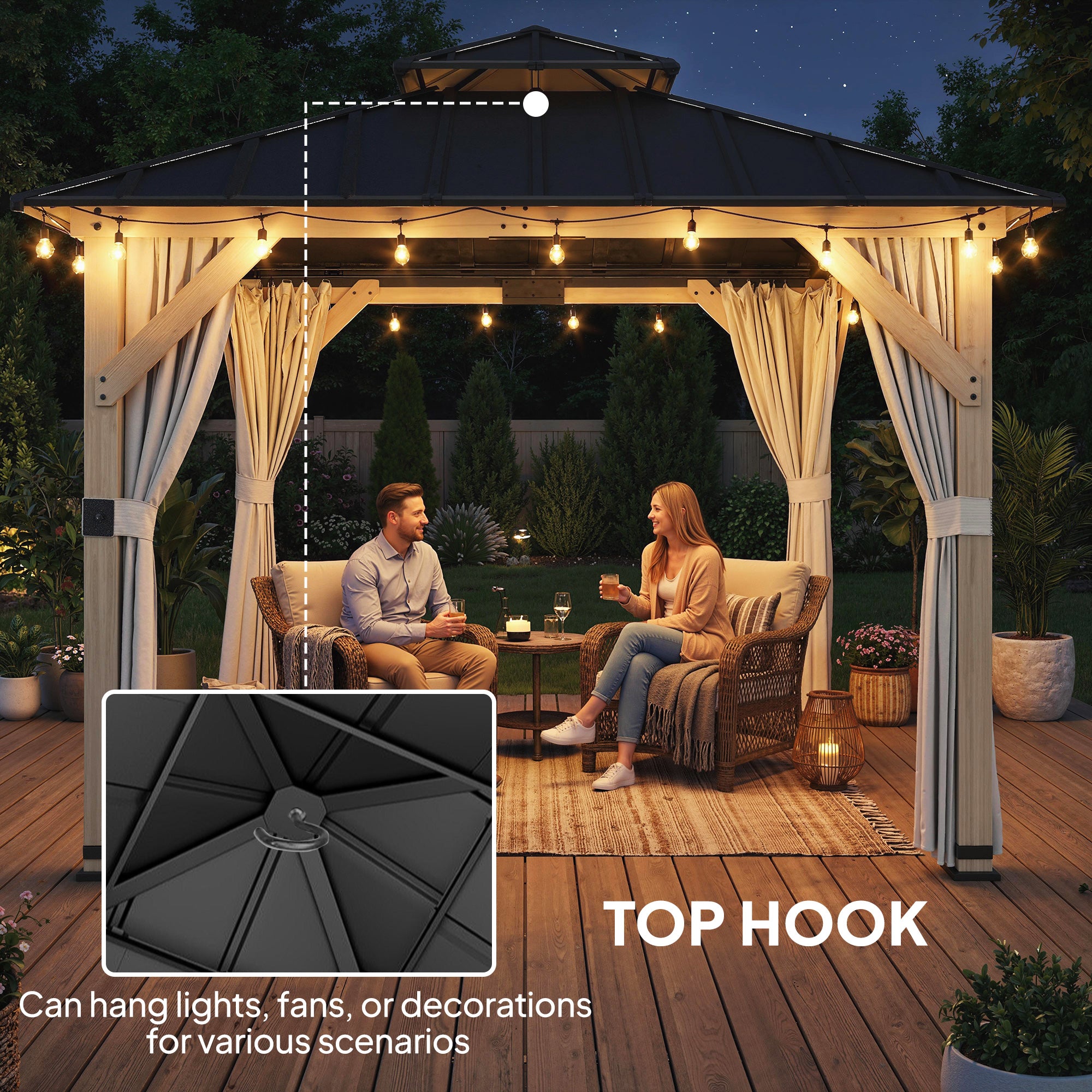 Outsunny 3 x 3 m Outdoor Hardtop Gazebo Canopy with 2-Tier Steel Roof, Wood Garden Gazebo with Curtains, Light Grey 