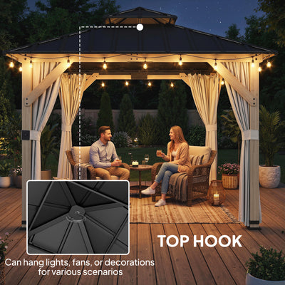 Outsunny 3 x 3 m Outdoor Hardtop Gazebo Canopy with 2-Tier Steel Roof, Wood Garden Gazebo with Curtains, Light Grey 
