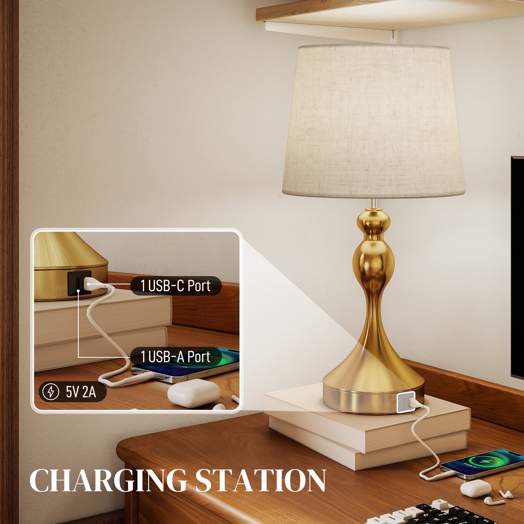 HOMCOM Dimmable Bedside Lamps Set of 2, Modern Table Lamps with 3 Colour Temperatures, USB A+C Charging Ports and Linen Shade for Living Room Bedroom Office, Gold Tone 