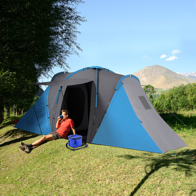 Outsunny Large Camping Tent Tunnel Tent with 2 Bedroom and Living Area, 2000mm Waterproof, Portable with Bag for 4-6 Man, Blue 