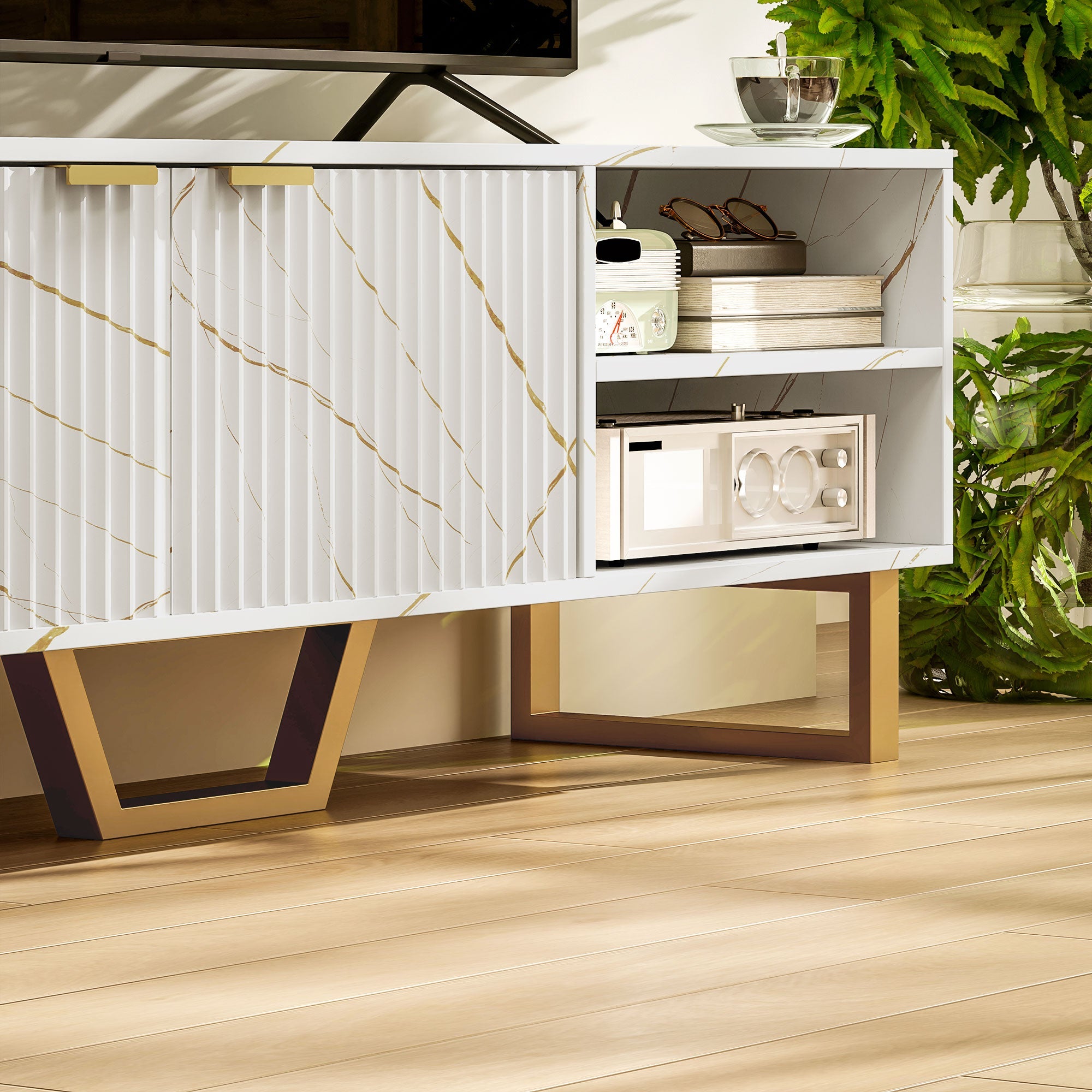 HOMCOM Marble Effect TV Unit, TV Stand Cabinet for up to 70" TVs, Modern TV Cabinet with Shelves and Storage Cupboard, Fluted Door, Extra Centre Leg, Cable Management for Living Room, White 