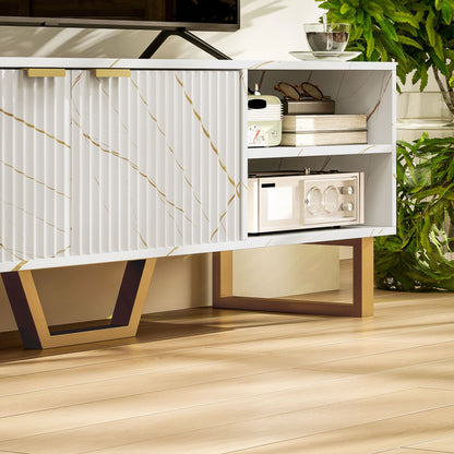 HOMCOM Marble Effect TV Unit, TV Stand Cabinet for up to 70" TVs, Modern TV Cabinet with Shelves and Storage Cupboard, Fluted Door, Extra Centre Leg, Cable Management for Living Room, White 