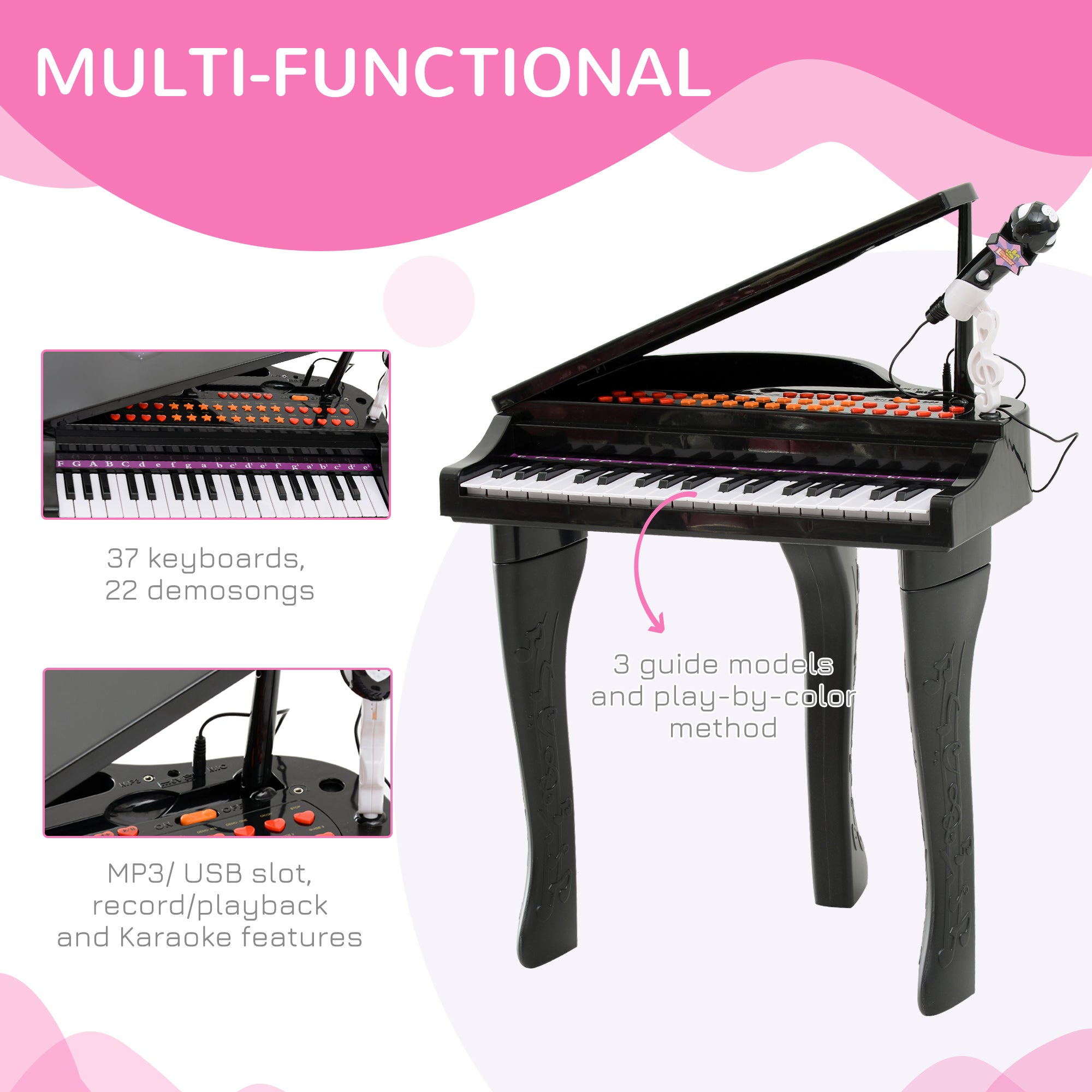 HOMCOM 37 Keys Kids Mini Electronic Keyboard Children Grand Piano with Stool Microphone Light Musical Instrument Educational Game Toy Set (Black) 