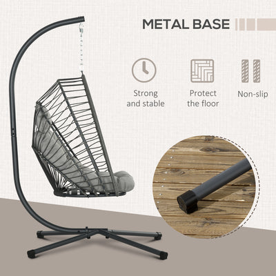 Outsunny Outdoor PE Rattan Swing Chair with Cushion, Garden Foldable Basket Patio Hanging Egg Chair with Metal Stand, Headrest, for Indoor and Outdoor, Light Grey 