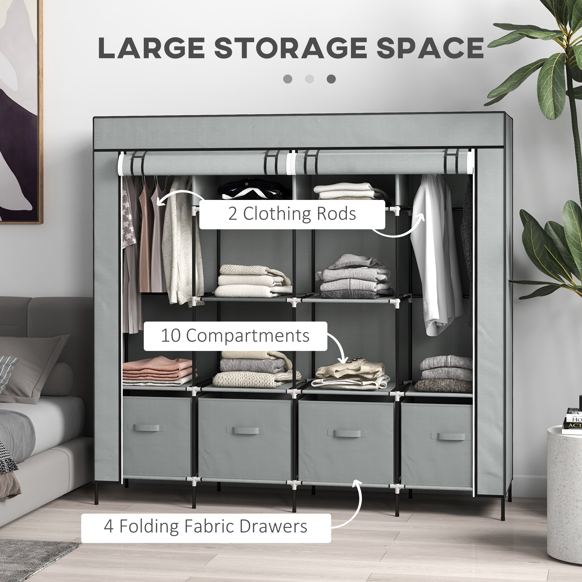 HOMCOM Fabric Wardrobe for Bedroom, Portable Cloth Wardrobe with 10 Compartments, 2 Hanging Rails and 4 Fabric Drawers, 166 x 42.5 x 169.5cm, Dark Grey 