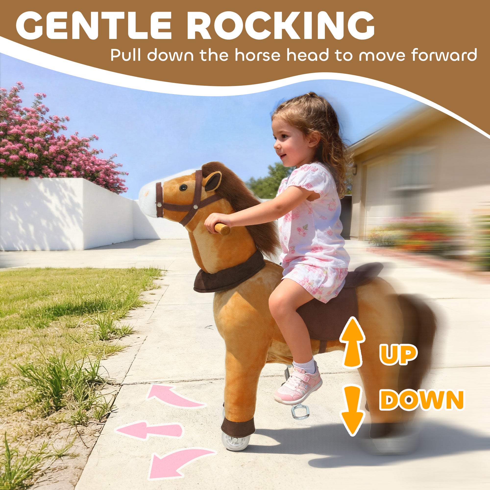 AIYAPLAY Ride On Horse, Plush Walking Horse Toy with Wheels and Saddle for Ages 3-5 Years Old, Brown 