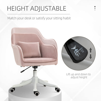 Vinsetto Velvet Office Chair, Desk Chair, Makeup Vanity Chair with Massage Lumbar Pillow and Rolling Wheels for Bedroom and Home, Pink 