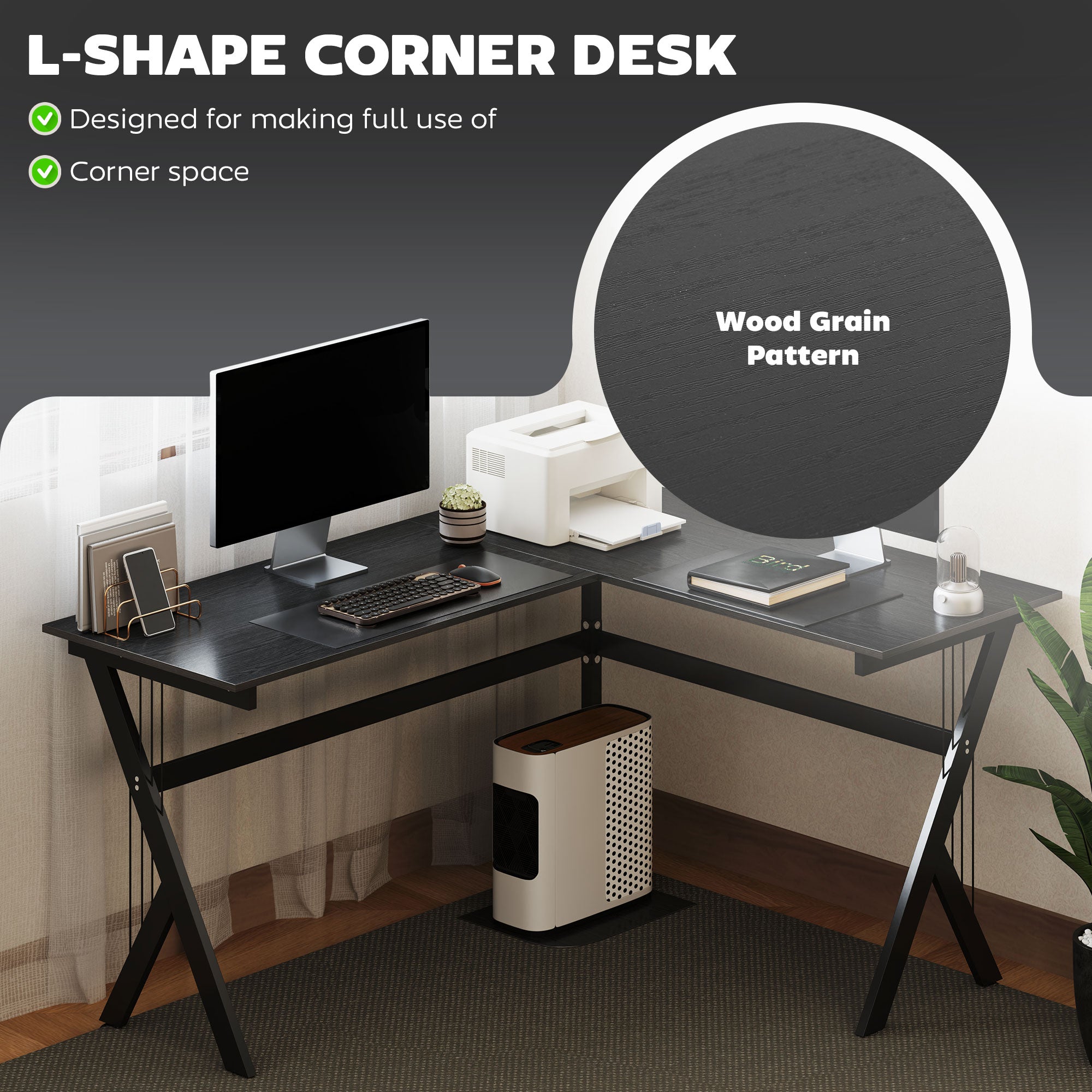 HOMCOM L Shaped Gaming Desk, 155 x 130cm Corner Computer Desk with CPU Stand for Home Office, Study Workstation, Black 