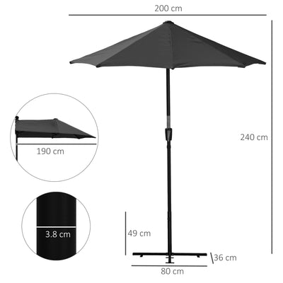 Outsunny 2m Half Parasol Market Umbrella Garden Balcony Parasol with Crank Handle, Base, Double-Sided Canopy, Black 