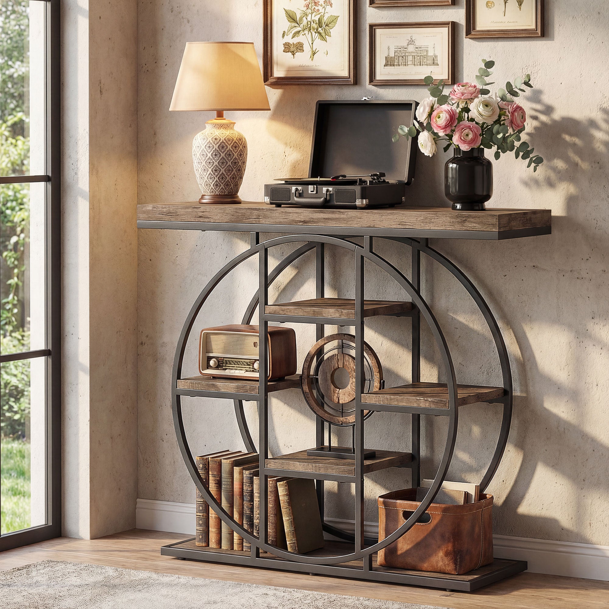HOMCOM Industrial Console Table with Storage Shelves - Rustic Brown 