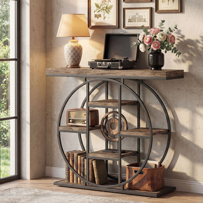 HOMCOM Industrial Console Table with Storage Shelves - Rustic Brown 