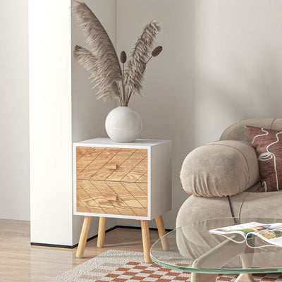 HOMCOM 2 Drawers Bedside Table with Pine Legs, Bedroom Wooden Storage Cabinet, Set of 2, Natural 